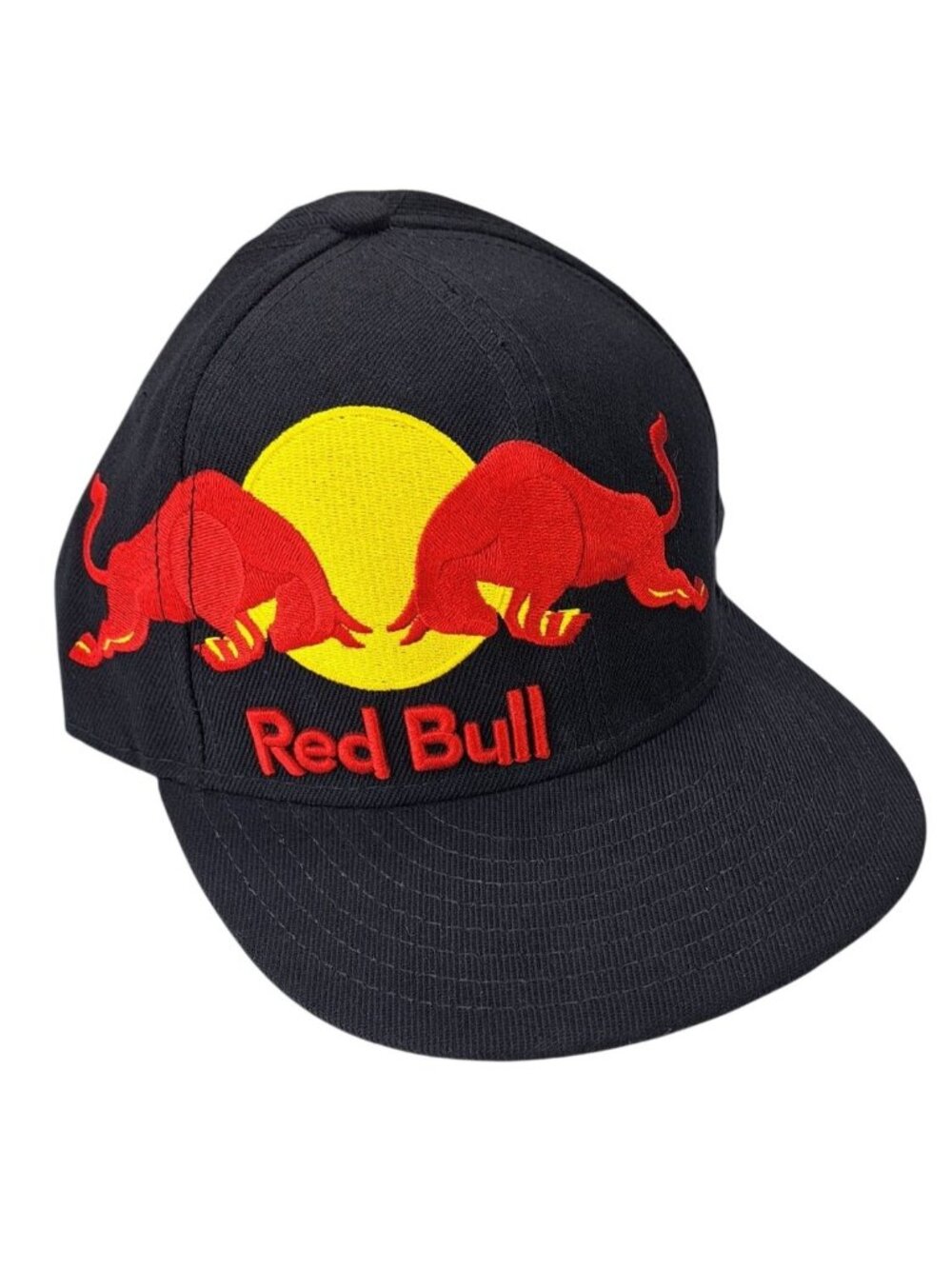 Red Bull Side Logo Fitted Cap Hat Black Embroidered Red Yellow Big Logo HAS HOLE